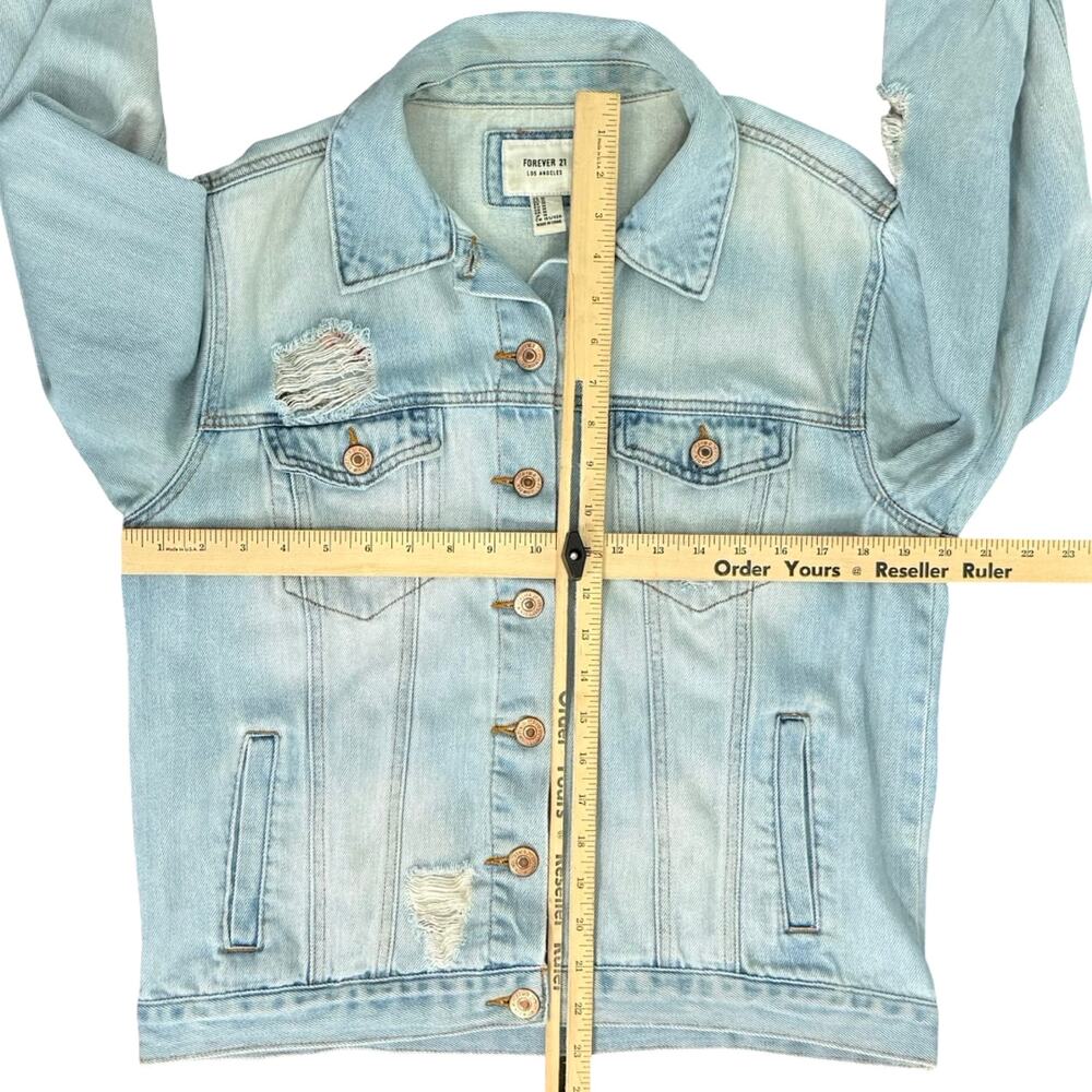 Forever 21 Blue Denim Pink Orange Floral Embroidered Distressed Jean Jacket sz M - Picture 3 of 11